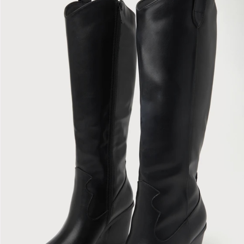 Lulus Rauland Black Pointed-Toe Knee-High Western Boots